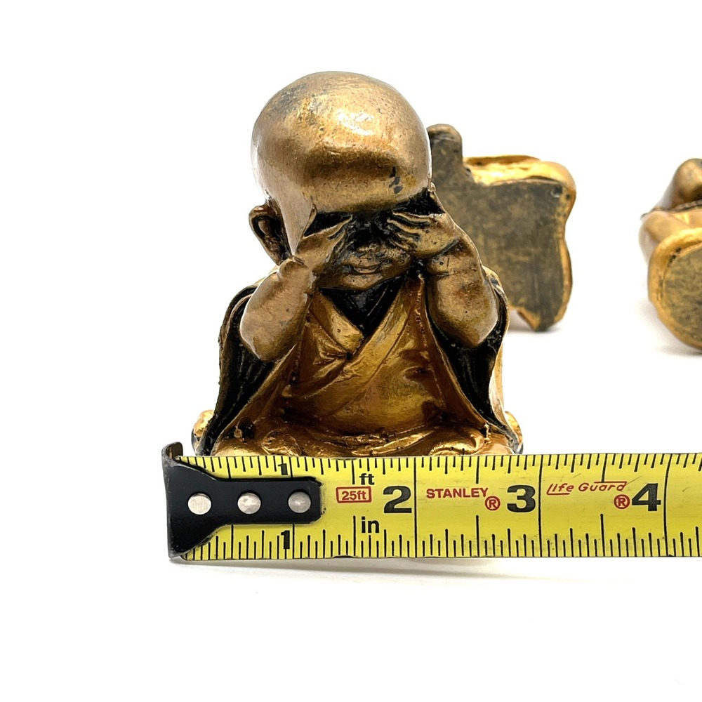 Set of 3 Baby Monk Figurines Hear See Speak No Evil Gold Resin Statues 3" - Picture 11 of 11
